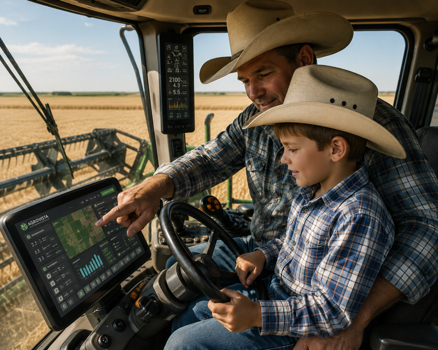 Farmer teaching his son inside a combine harvester cab